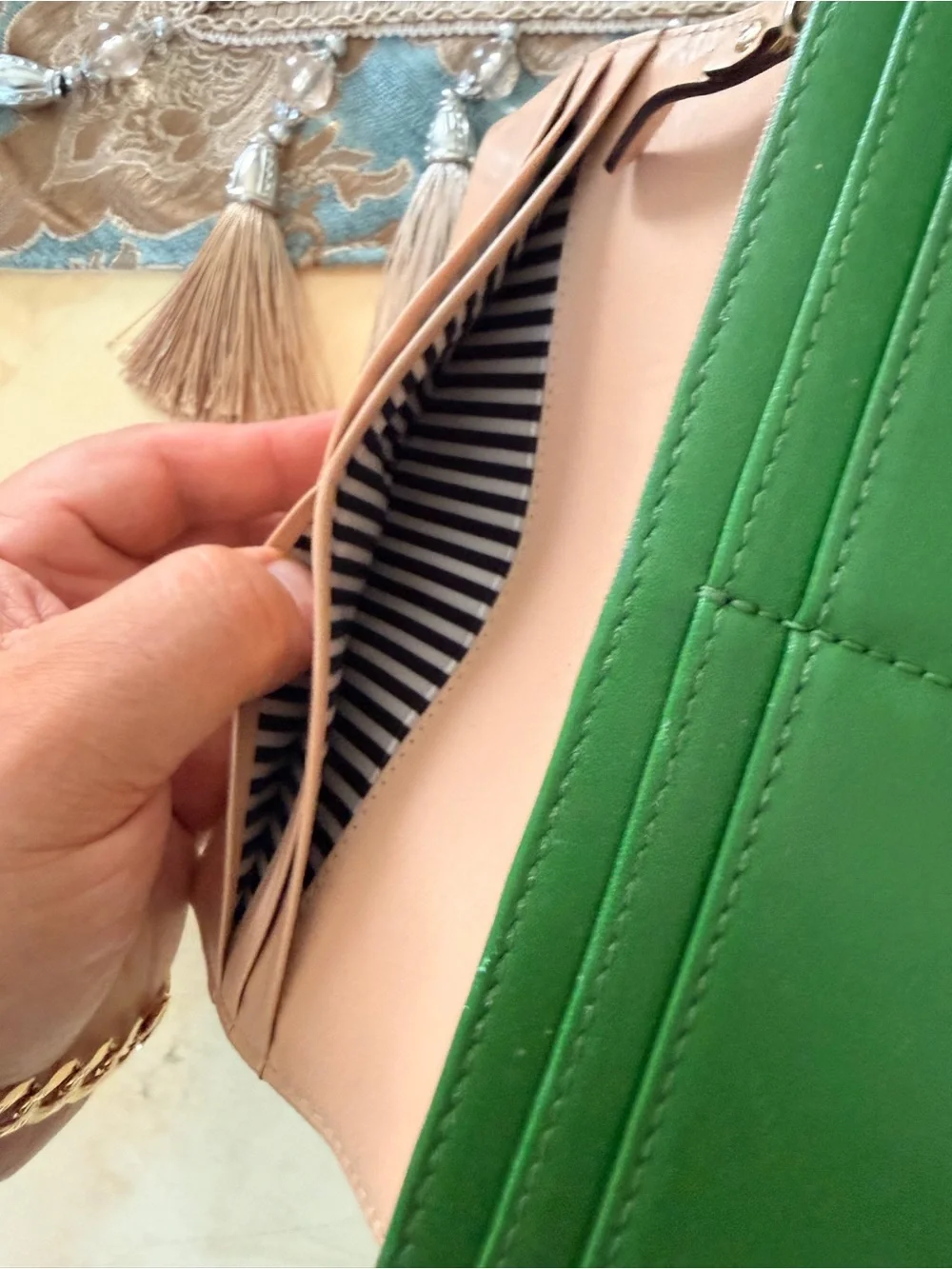 kate spade Green Leather Wristlet Clutch with Silver Plaque very high-end